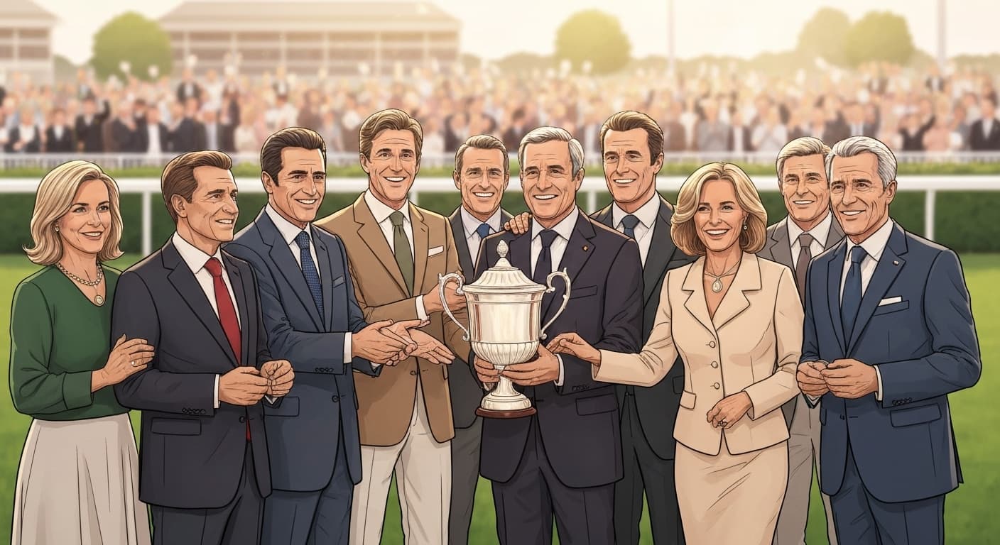Propriétaires de chevaux de course célébrant une victoire à Longchamp