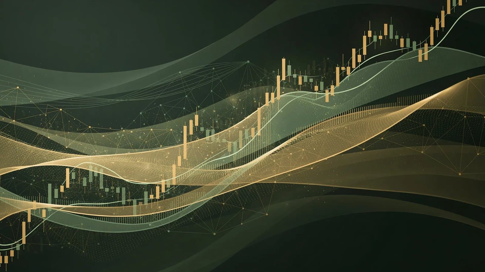 Illustration abstraite de flux de données financières et de tendances de marché en tons verts et dorés, symbolisant les élections fédérales allemandes et leur impact sur les marchés européens