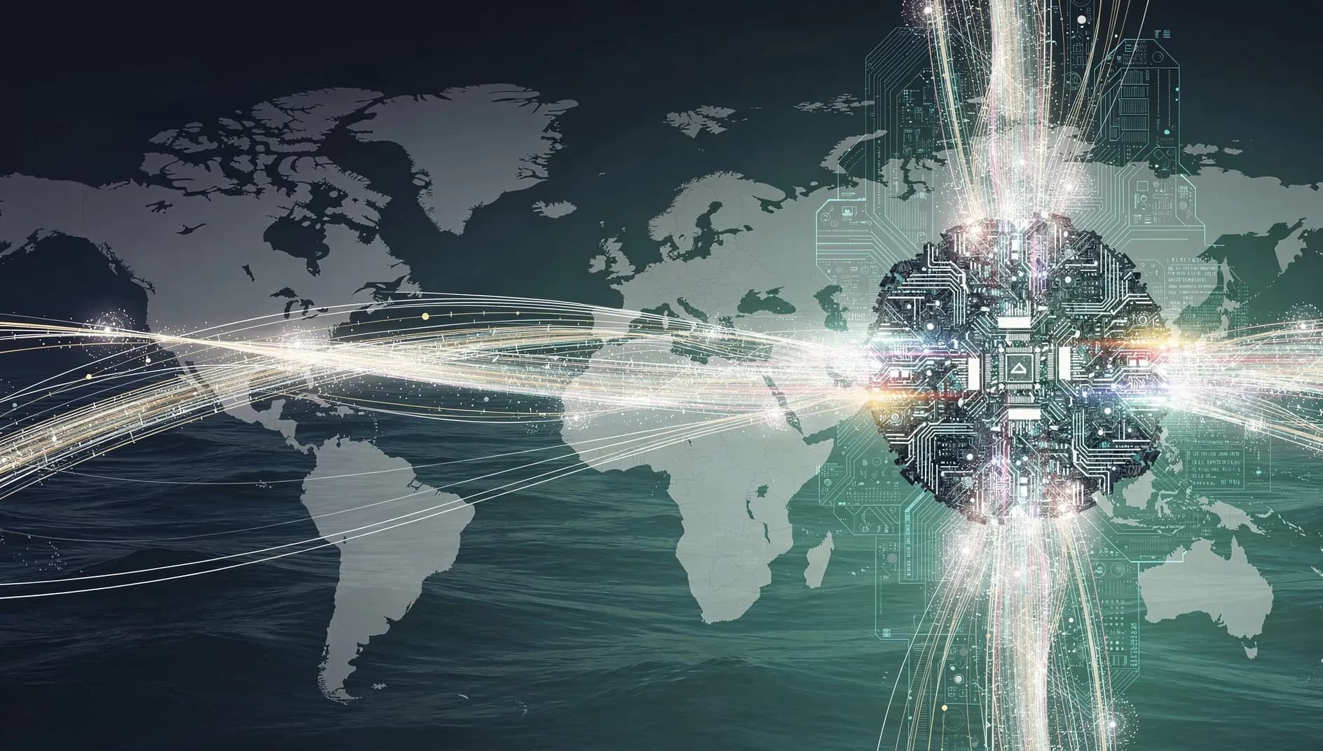 Visualisation abstraite d'un réseau d'infrastructures IA reliant la France au Japon, avec des flux lumineux symbolisant l'investissement de SoftBank, sur fond bleu profond et vert émeraude